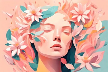 **create a bright modern abstract flat 3d illustration with gouache shading in the style of Alex Kiesling for a magazine cover, a womans head surrounded by flowers, face immersed in petals - obrazy, fototapety, plakaty