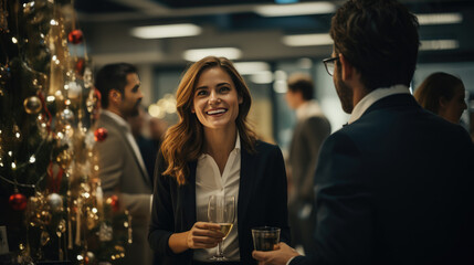 Man and woman drink champagne at a corporate party. People celebrate the New Year in the office. - obrazy, fototapety, plakaty