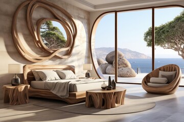 cozy bedroom with light natural materials with modern art on the walls