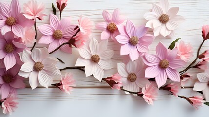 Crepe paper flowers on white wooden background - obrazy, fototapety, plakaty
