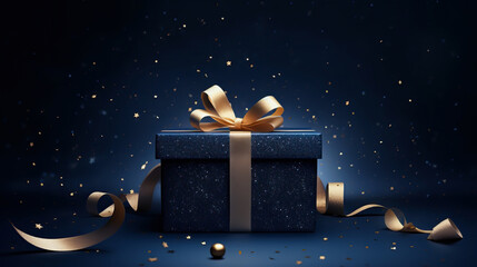 Dark blue gift box with elegant gold ribbon on dark background. Greeting gift with copy space for Christmas present, holiday or birthday - 655965520