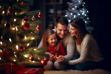 Happy family by the Christmas tree with neon lighting. Christmas or New Year mood. Banner.