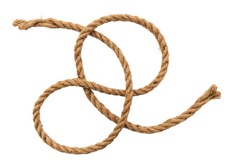 Rope made of jute in loops and knots on a white background. Linen twisted rope isolate