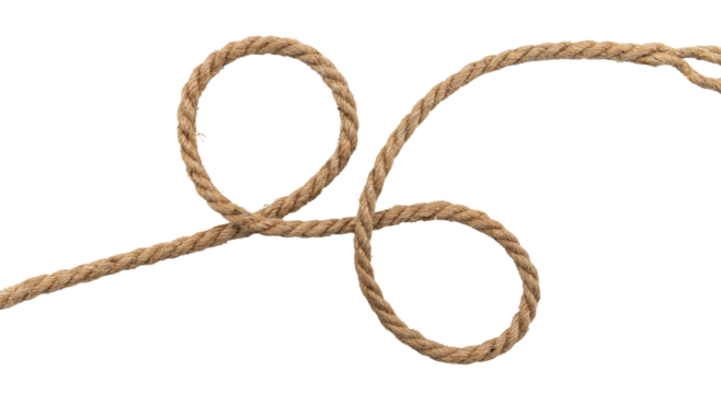 Rope made of jute in loops and knots on a white background. Linen twisted rope isolate