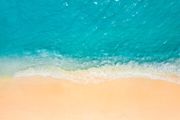 Top drone view fantastic popular travel landscape. Summer seascape blue water yellow sand. Aerial amazing tropical nature background. Beautiful  mediterranean bright sea waves crash beach sunlight