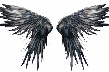 A pair of wings, like from a bird or angel, in a messy grunge artistic illustration style. Generative AI.
