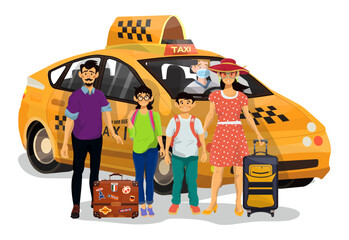 Vector illustration of happy family which going to go on a taxi on holiday. © M.Style