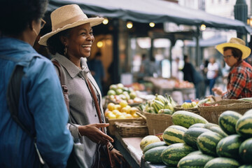 Generative AI illustration of happy black woman shopping at a street market