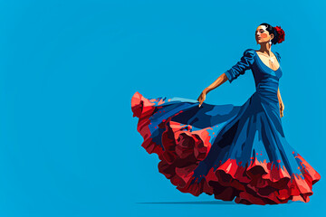 Generative AI illustration of Flamenco dancer on plain colorful background with copy space. Typical Spanish Dance - obrazy, fototapety, plakaty