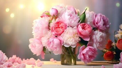 Fresh bunch of peonies and flowers