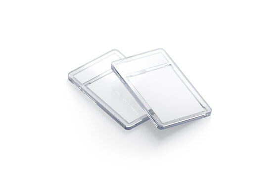 Blank transparent plastic trading card mockup stack, side view