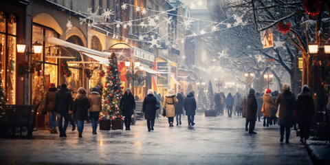 Obraz premium motion blurred street view and motion blurred prople walking along the street in winter season,winter Christmas market
