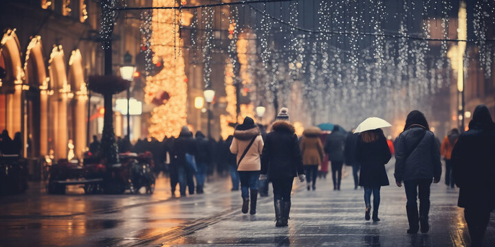 motion blurred street view and motion blurred prople walking along the street in winter season,winter Christmas market