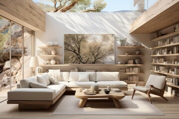 cozy home study with light natural materials with modern art on the walls