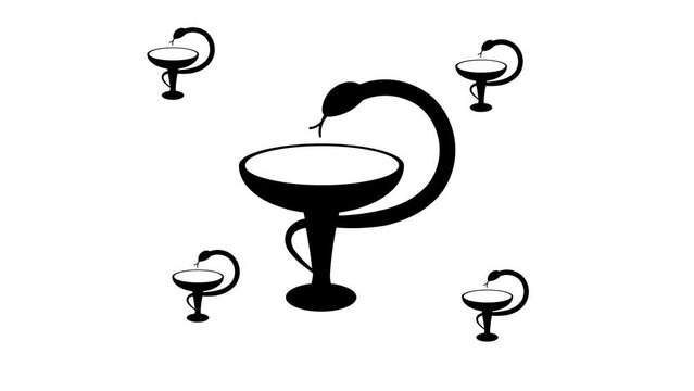 Zoom in and out animation the medicine symbol. Large black symbol in the center and four small symbols around. Seamless looped 4k animation on white background