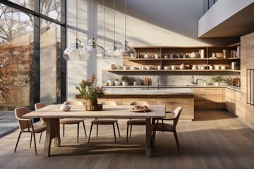 Fototapeta premium cozy kitchen with light natural materials with modern art on the walls
