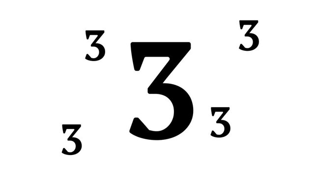 Zoom in and out animation the number three symbol. Large black symbol in the center and four small symbols around. Seamless looped 4k animation on white background