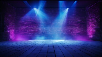Abstract blue and purple brick wall background with neon laser beams, spotlights, and smoke in a dark studio room for product display - obrazy, fototapety, plakaty