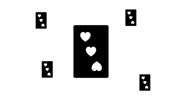 Zoom in and out animation the Three of hearts playing symbol. Large black symbol in the center and four small symbols around. Seamless looped 4k animation on white background