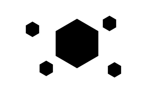 Zoom in and out animation the hexagon symbol. Large black symbol in the center and four small symbols around. Seamless looped 4k animation on white background
