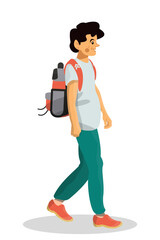 Vector cartoon illustration of boy character in airport on white background.