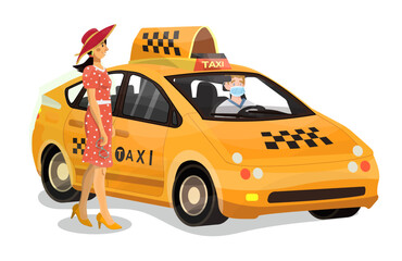 Illustration of modern urban taxi with taxi driver and passenger on a white isolated background.