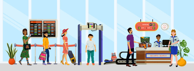 Fototapeta premium Vector illustration of desk of security search with inspector and passengers or tourists in airport.