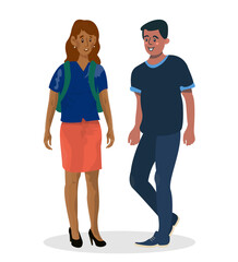 Vector cartoon illustration of husband and wife holding hands and going to vacation.