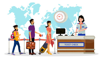 Vector cartoon illustration of woman stewardess who check tickets of passengers in an airport.