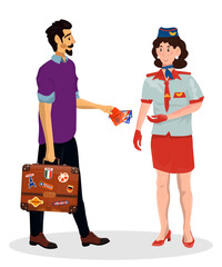 Vector cartoon illustration of woman stewardess who check tickets of passengers in an airport.