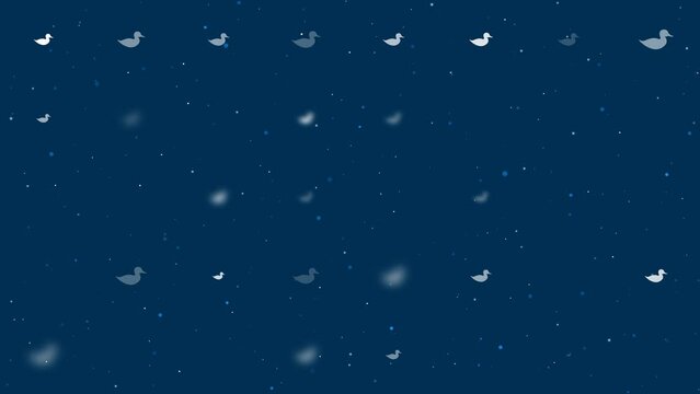 Template animation of evenly spaced duck symbols of different sizes and opacity. Animation of transparency and size. Seamless looped 4k animation on dark blue background with stars