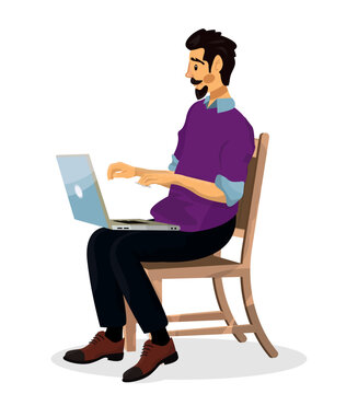 Vector cartoon illustration of modern character man with computer laptop in a cafe.
