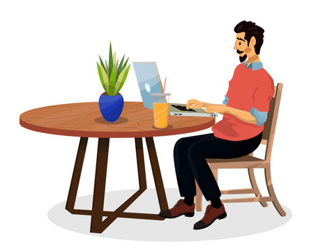 Vector cartoon illustration of modern character man with computer laptop in a cafe.