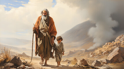 Illustration of Patriarch Abraham and his son Isaac returning from the place of sacrifice to God Generative AI - obrazy, fototapety, plakaty