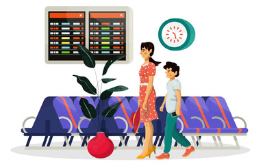 Vector flat illustration of waiting room or hall and passengers family with priority pass in airport