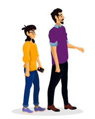 Fototapeta premium Father with his happy daughter walking. Cartoon vector illustration of single parent with child.