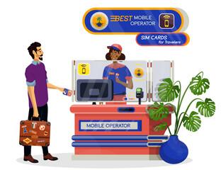 Vector cartoon illustration of woman who is seller of sim cards and fare for mobile phones.