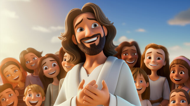 Childrens illustration cartoon of Jesus Christ with many children around Him Generative AI