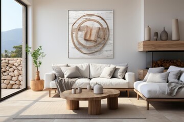 cozy living room with light natural materials with modern art on the walls
