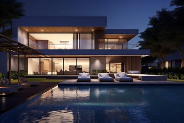 Modern house exterior design at night with swimming pool