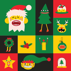 Trendy groovy Christmas cards. Collection of Christmas decorations, holiday gifts, cats, trees and gifts. Vector illustration, sticker collection design and element for Christmas and New Year.