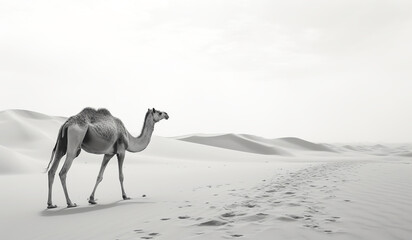 Black and white landscape of camel in the desert. AI generated