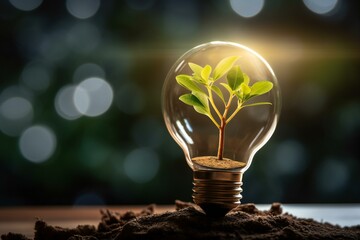 Light bulb with young plant inside it. ESG, green energy, sustainable industry. Wind plant. Environmental, Social, and Corporate Governance concept. 