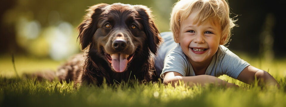 Happy smiling little child with his dog