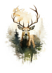 Portrait of red deer in wild nature design for t-shirt printing. © Michal