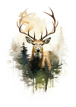 Portrait of red deer in wild nature design for t-shirt printing.