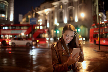 Happy young caucasian woman using a phone in the city at night