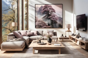 cozy scandinavian living room with light natural materials with modern art on the walls