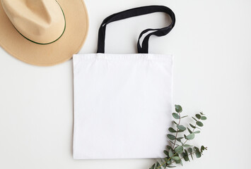 Black Handle White blank cotton eco tote bag mock up. Black straps tote bag design mockup.