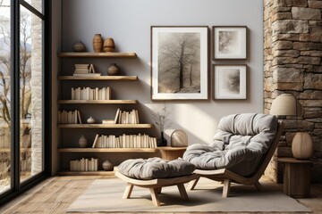 cozy scandinavian reading room with light natural materials with modern art on the walls